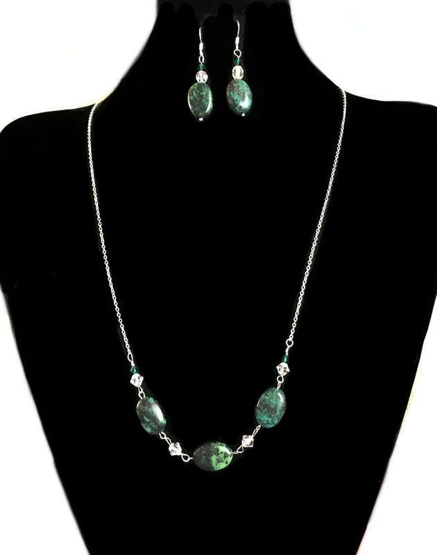 Natural Chrysocolla and Crystal beads set in .925 Sterling Silver Necklace & Earrings Set