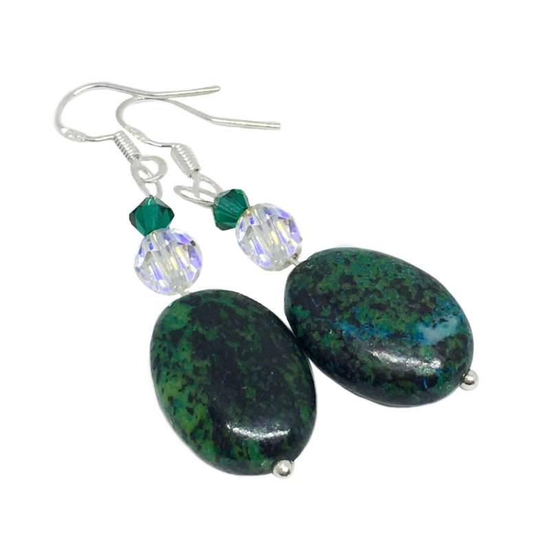 Natural Chrysocolla and Crystal beads set in .925 Sterling Silver Necklace & Earrings Set
