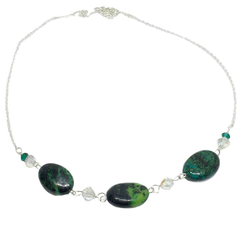 Natural Chrysocolla and Crystal beads set in .925 Sterling Silver Necklace & Earrings Set
