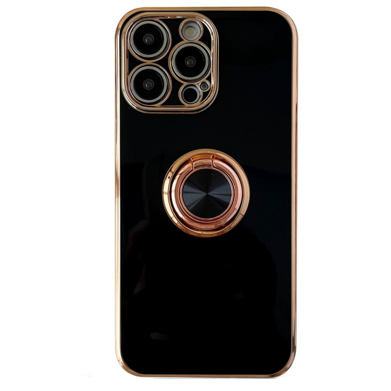 iPhone 13 Pro Phone Cover in Black and Electroplated Rose Gold with Built in Ring Holder- Stunning