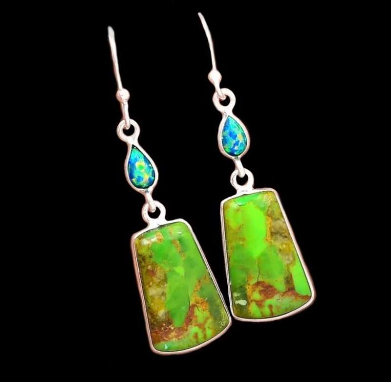 Natural Mohave Green Turquoise, Fire Opal Earrings set in Solid .925 Sterling Silver Earrings