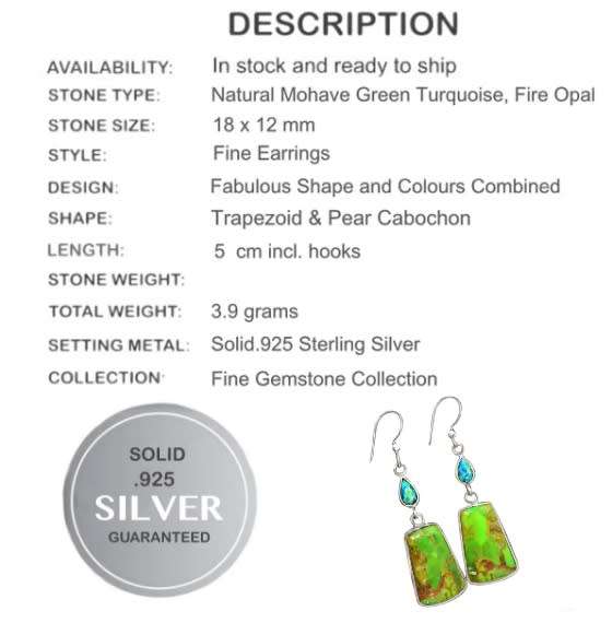 Natural Mohave Green Turquoise, Fire Opal Earrings set in Solid .925 Sterling Silver Earrings