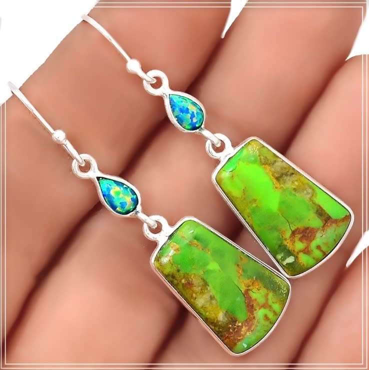 Natural Mohave Green Turquoise, Fire Opal Earrings set in Solid .925 Sterling Silver Earrings