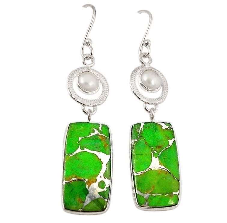 14.72 ct Natural Copper Green Turquoise,Pearl Earrings Solid .925 Sterling Silver