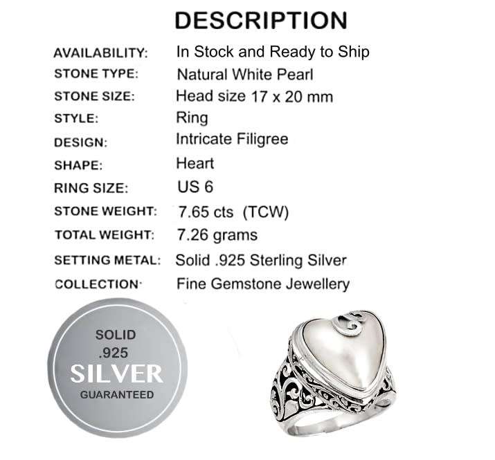 7.67 cts Natural Freshwater Pearl set in Solid .925 Sterling Silver Heart Ring Size US 6 or M