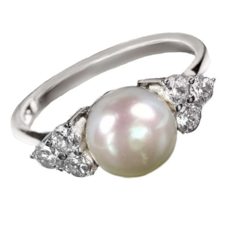 Natural White Pearl Diamond Cut CZ set in Solid .925 Sterling Silver 14K White Gold Ring Size 6 / M