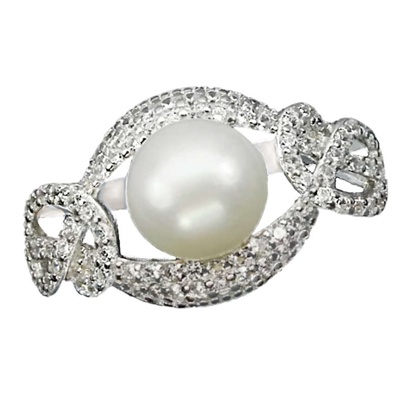 9.78 cts Natural Creamy White Pearl  White Cubic Zirconia Set in Solid .925 Sterling Silver Size 7