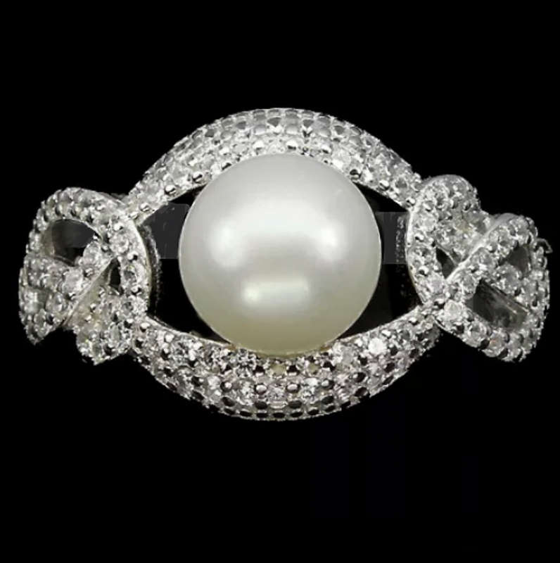 9.78 cts Natural Creamy White Pearl  White Cubic Zirconia Set in Solid .925 Sterling Silver Size 7
