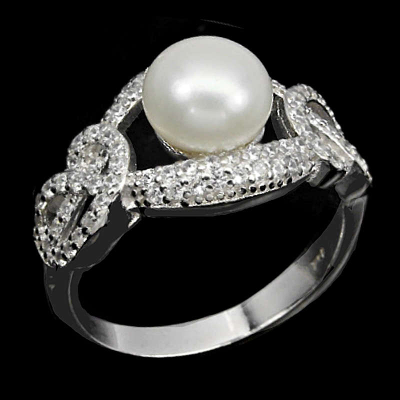 9.78 cts Natural Creamy White Pearl  White Cubic Zirconia Set in Solid .925 Sterling Silver Size 7