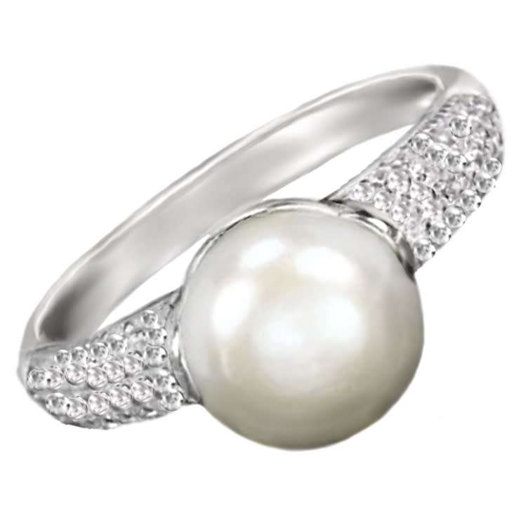 Elegant AAA Natural 9 mm White Pearl, Cr. Diamonds Solid .925 Sterling Silver Size 8 or Q