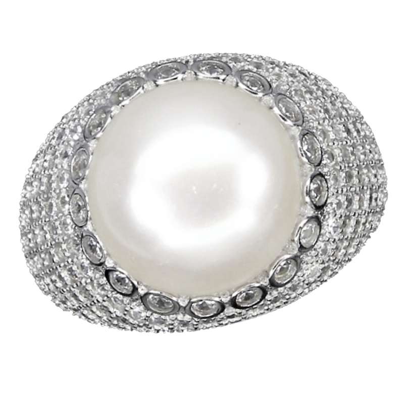 Deluxe Natural Creamy White Pearl and White Cubic Zirconia Solid .925 Sterling Silver Size 7.5 or P