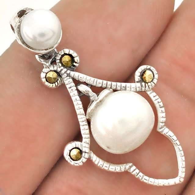 Natural White Pearl and Swiss Art of Marcasite set in Solid .925 Sterling Silver Pendant