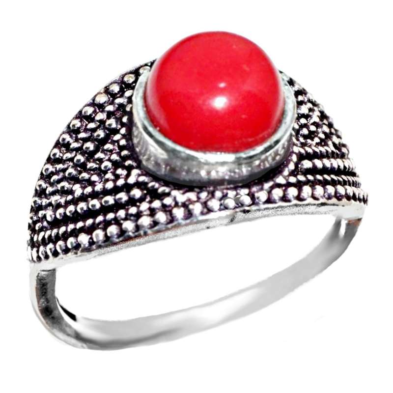 Antique Style Red Coral set in .925 Sterling Silver Plated Handmade Ring Size US 7 / O