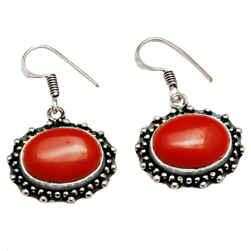 Antique Style Red Coral Ovals set in .925 Sterling Silver Plated Handmade Earrings