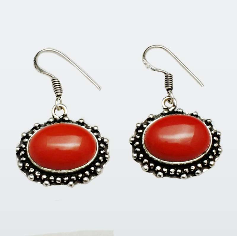 Antique Style Red Coral Ovals set in .925 Sterling Silver Plated Handmade Earrings