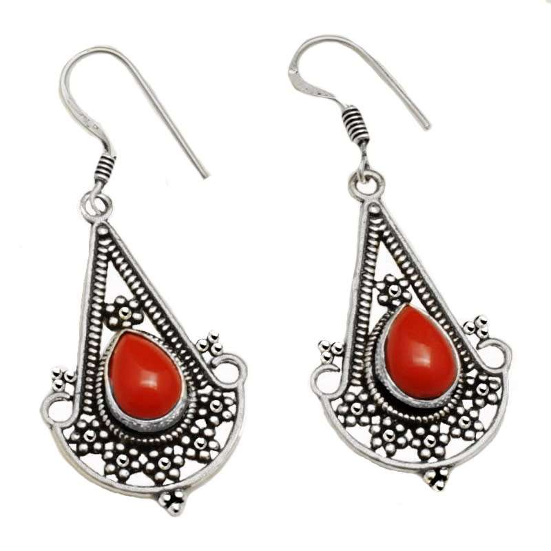 Red Coral Pear Shape set in .925  Sterling Silver Plated Handmade Antique Style Earrings