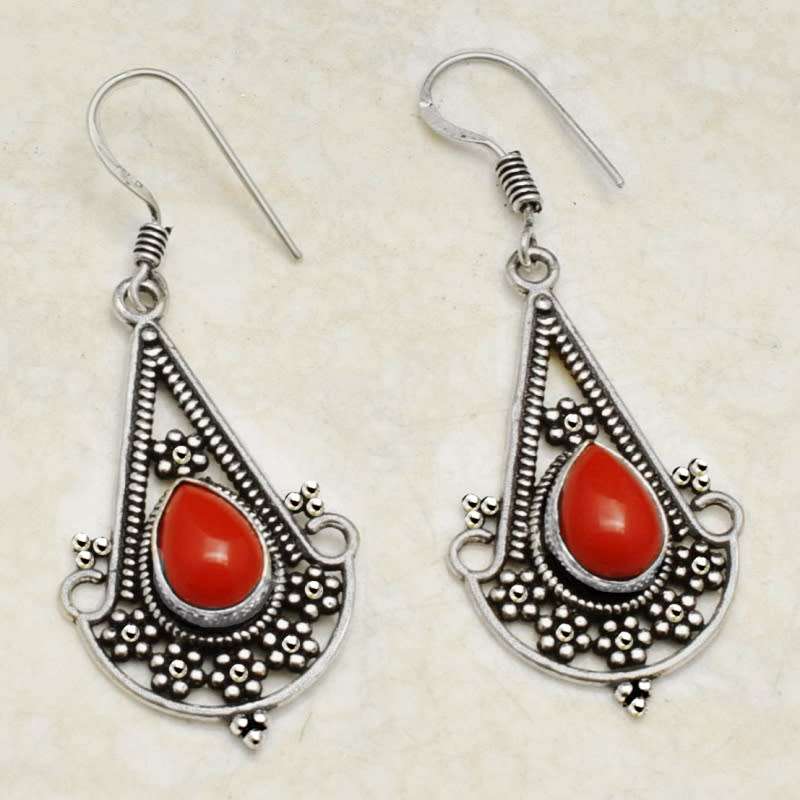 Red Coral Pear Shape set in .925  Sterling Silver Plated Handmade Antique Style Earrings