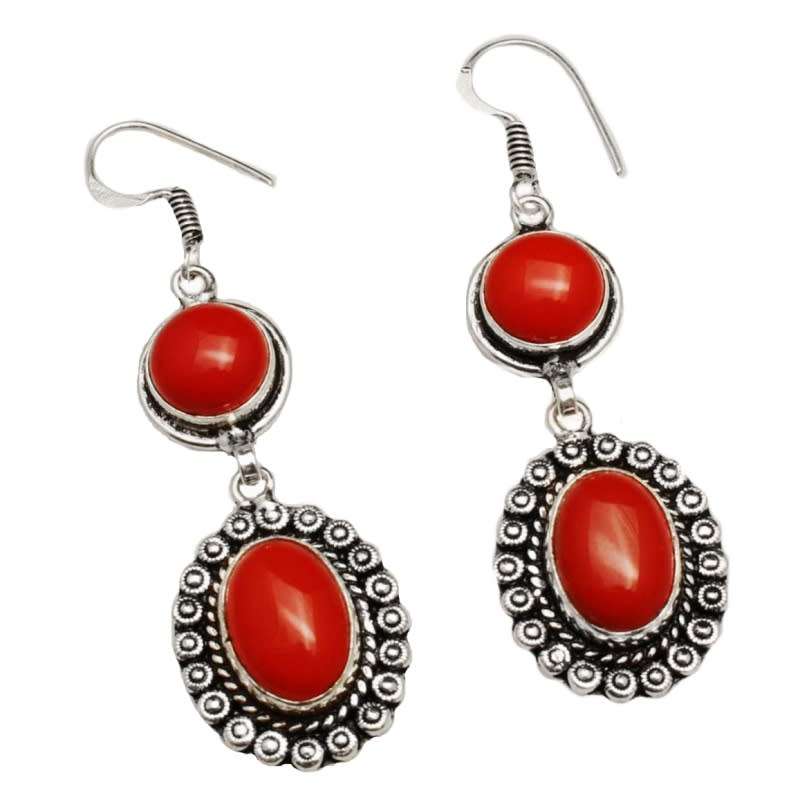 Antique Style Red Coral Oval Shape in .925 Sterling Silver Plated Handmade Earrings
