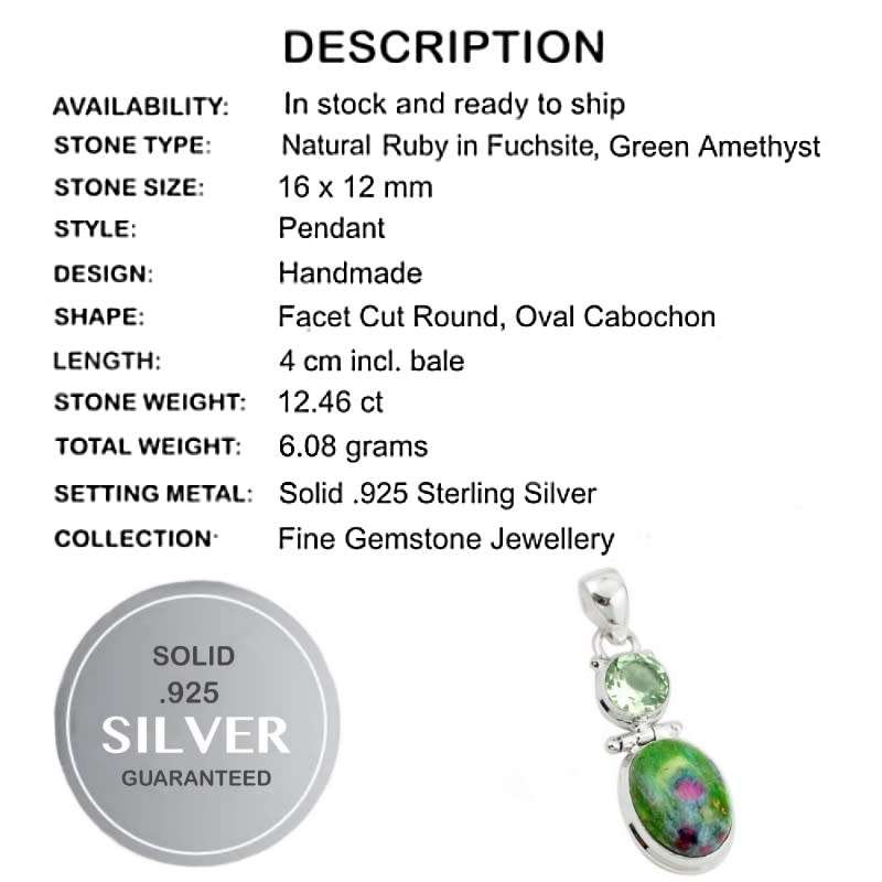 Natural Green Amethyst and Ruby in Fuchsite Set in Solid .925 Sterling Silver Pendant