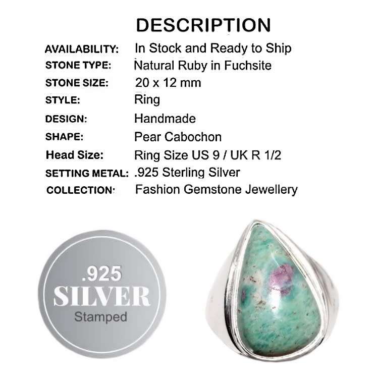 Natural Ruby in Fuchsite 925 Sterling Silver Ring Size US 9 or R 1/2