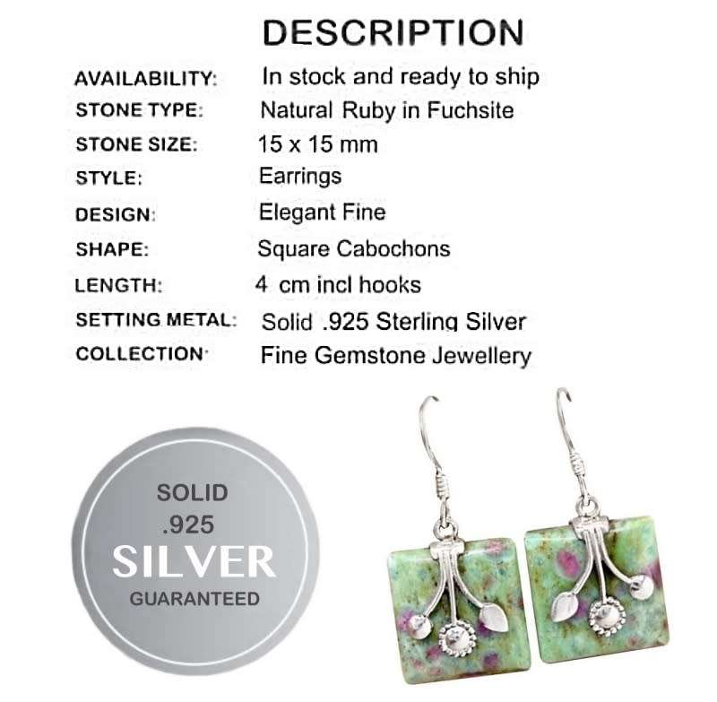 Indonesian Bali Natural Ruby in Fuschite  Square Gemstone Set in Solid .925 Sterling Silver Earrings
