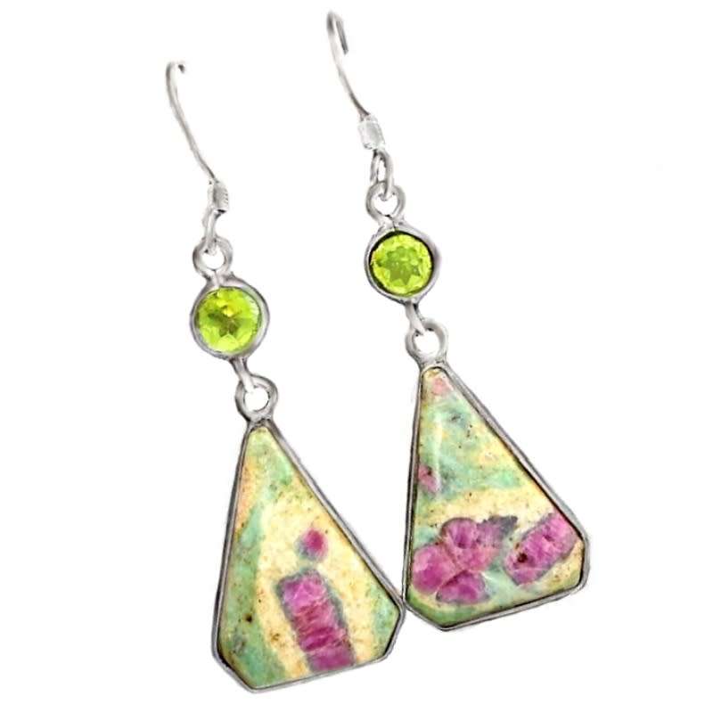 Enchanting Natural Ruby in Fuschite, Peridot Set in Solid .925 Sterling Silver Earrings