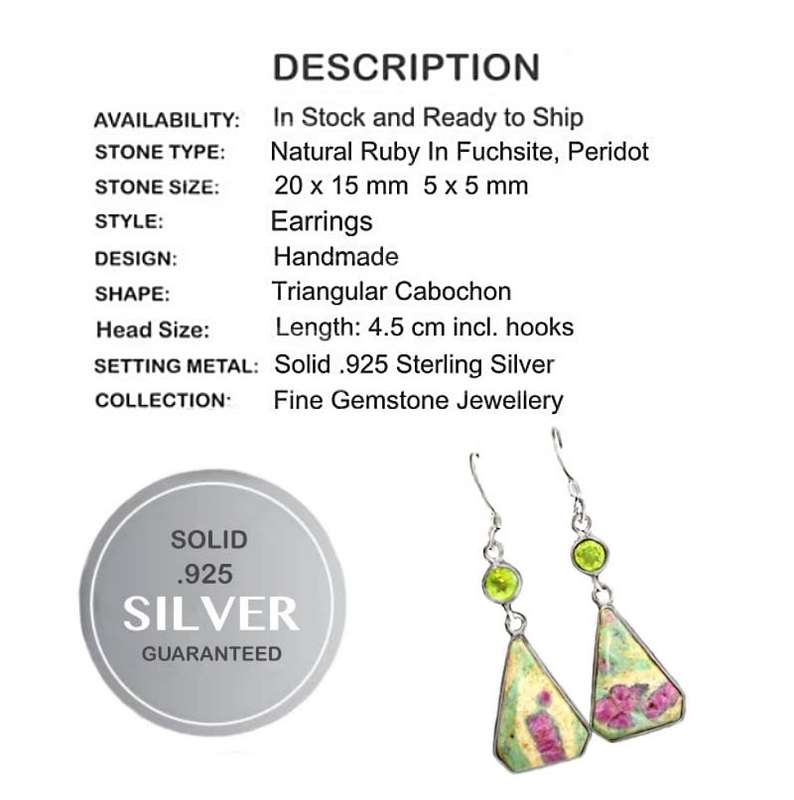 Enchanting Natural Ruby in Fuschite, Peridot Set in Solid .925 Sterling Silver Earrings