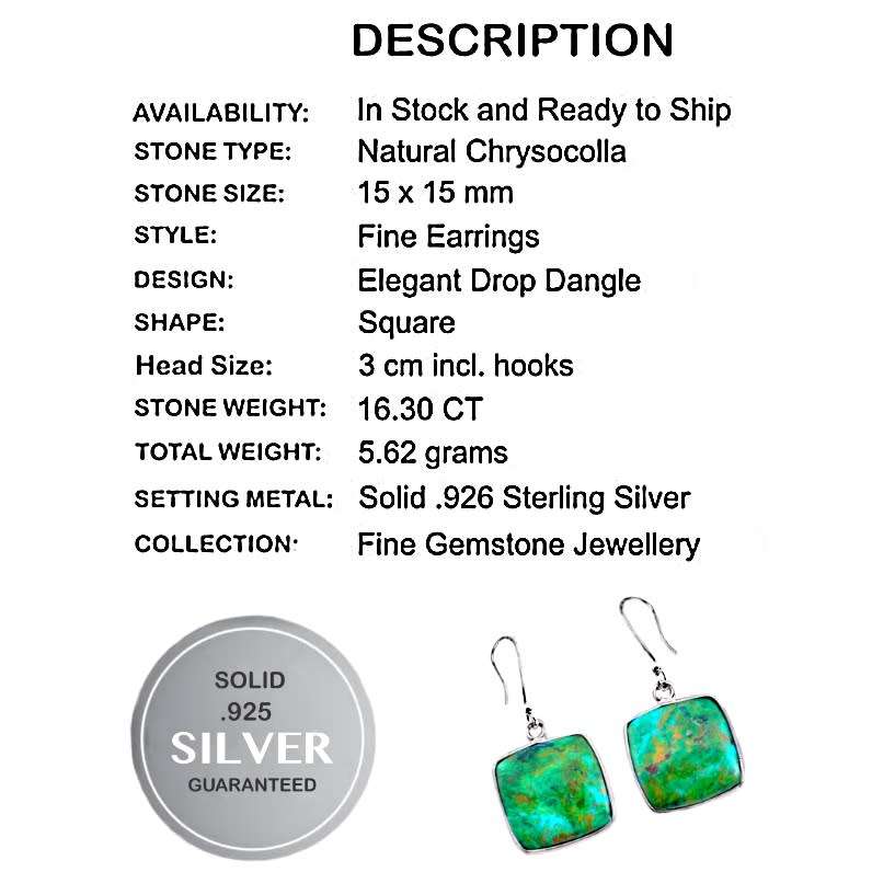 Natural Chrysocolla Square Gemstone set in Solid .925 Sterling Silver Earrings