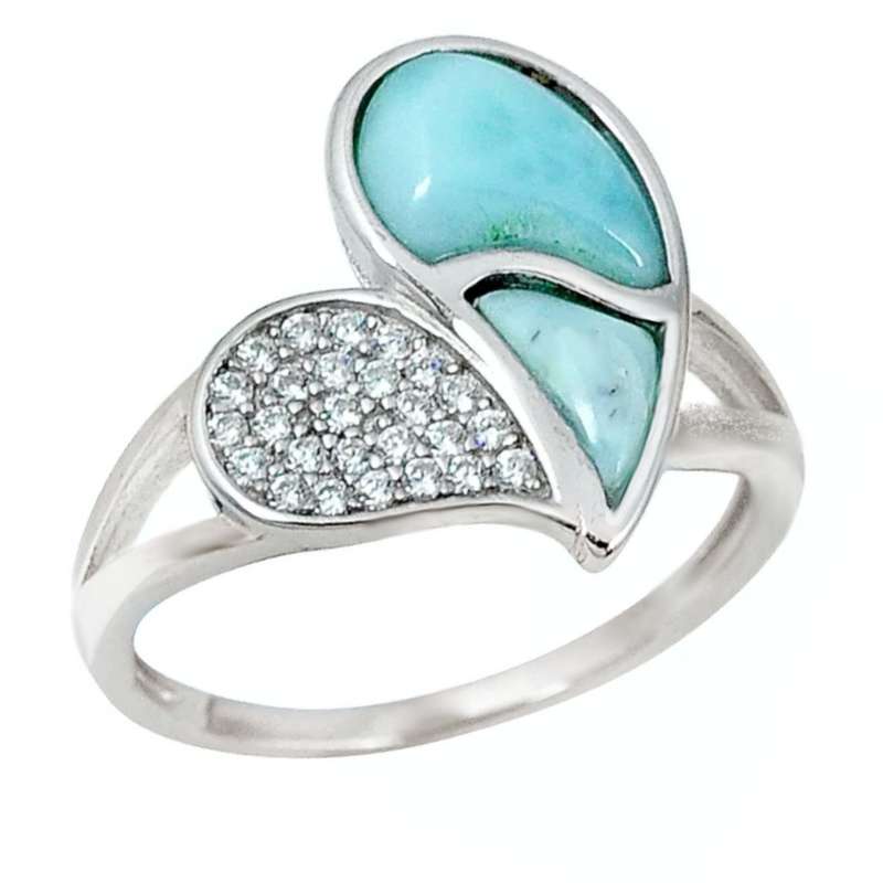 4.06 CT Natural Caribbean Larimar, White Topaz Solid .925 Sterling Silver Heart Ring Size 9 or R1/2