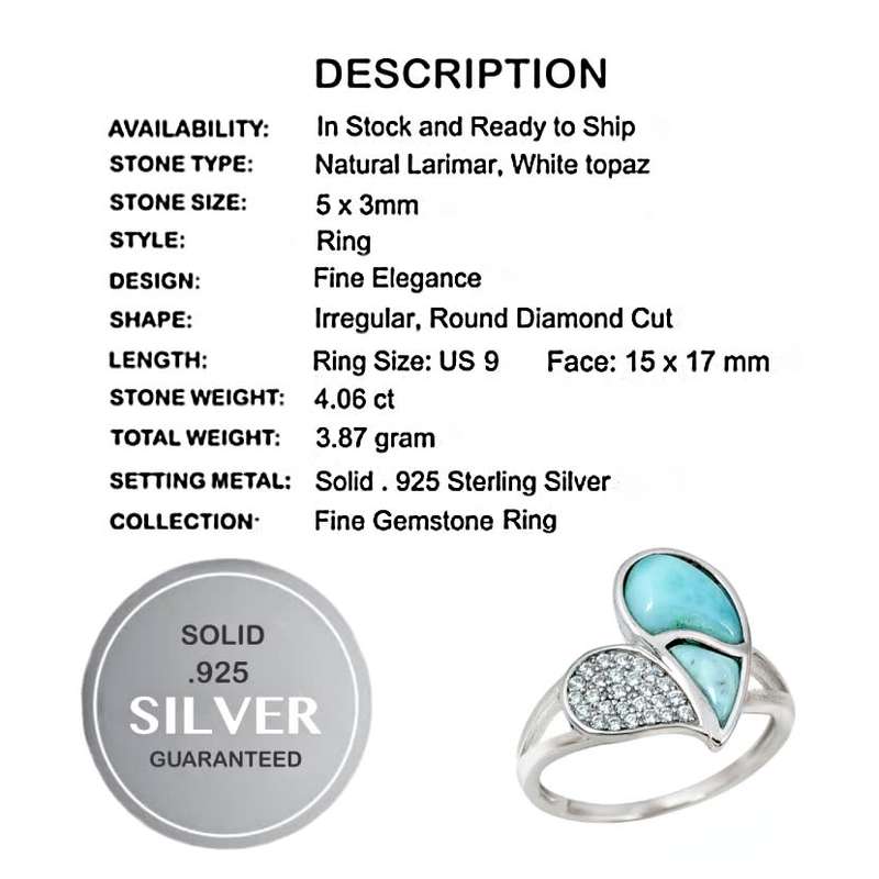 4.06 CT Natural Caribbean Larimar, White Topaz Solid .925 Sterling Silver Heart Ring Size 9 or R1/2