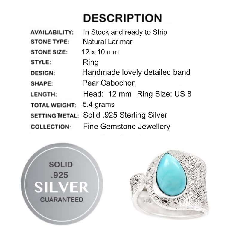 Natural Caribbean Larimar Oval Gemstone Set in Solid .925 Sterling Silver Ring Size US 8 / Q