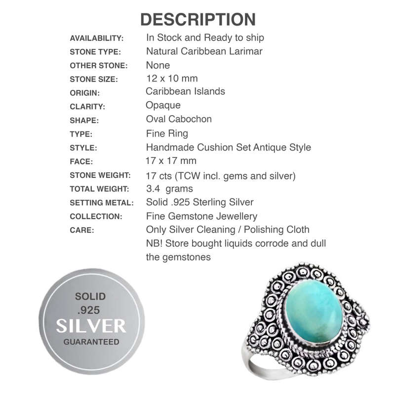 Indonesian - Bali Java Natural Caribbean Larimar Gemstone Solid .925 Sterling Silver Ring Size US 7