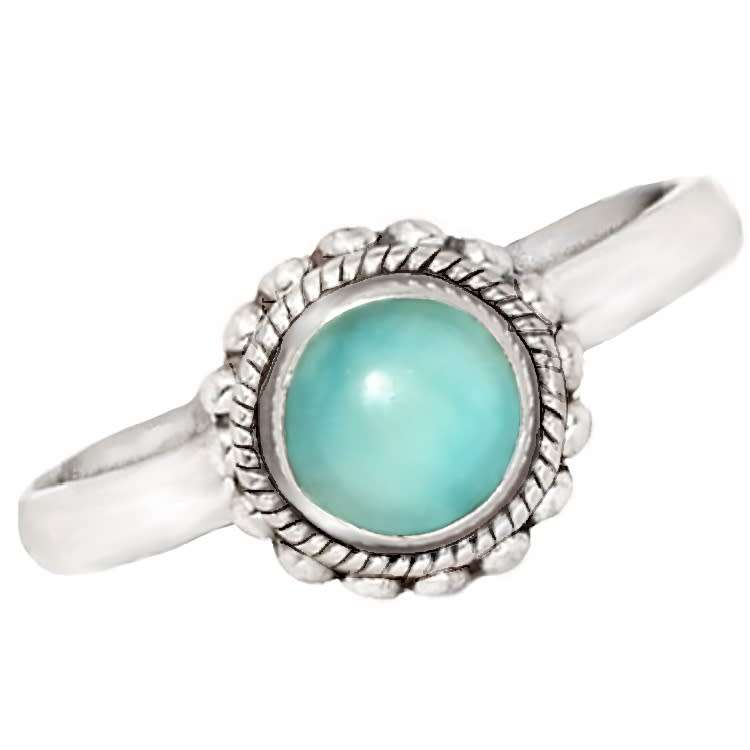 Dainty Natural Unheated Larimar Round Gemstone Solid .925 Sterling Silver Ring Size US 8.5 /Q1/2