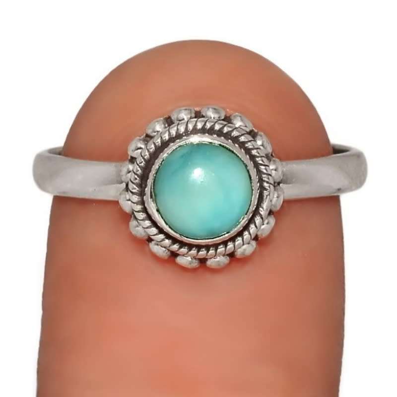 Dainty Natural Unheated Larimar Round Gemstone Solid .925 Sterling Silver Ring Size US 8.5 /Q1/2