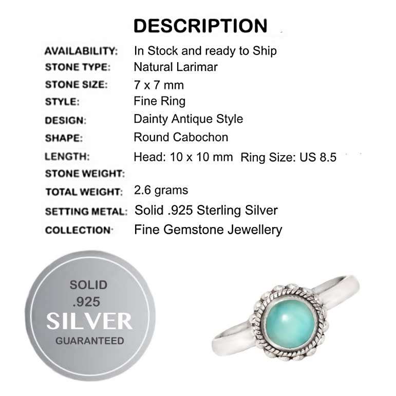 Dainty Natural Unheated Larimar Round Gemstone Solid .925 Sterling Silver Ring Size US 8.5 /Q1/2