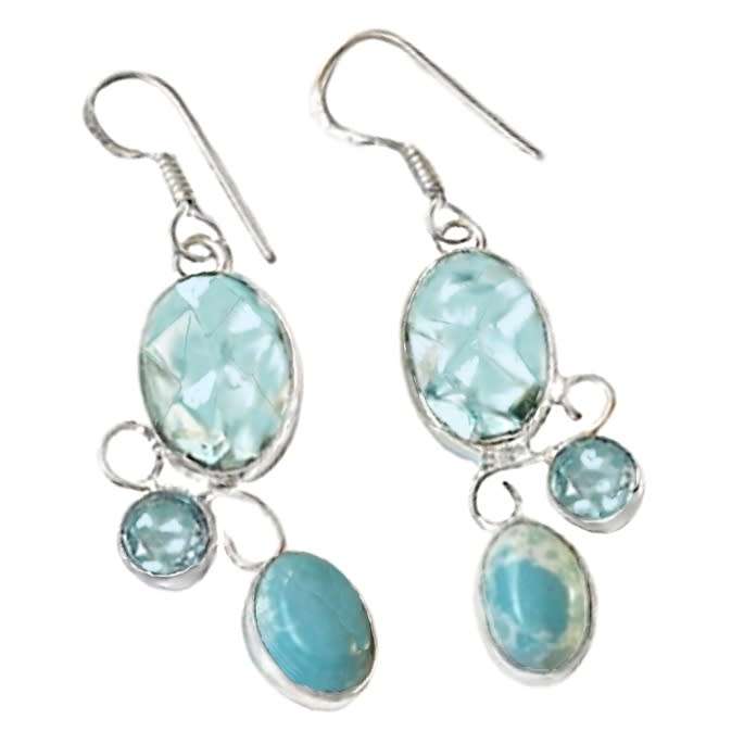 Handmade Larimar and Blue Topaz  .925 Sterling Silver Fashion Gemstone Earrings