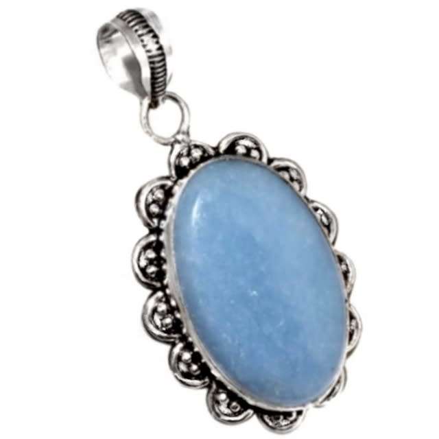 Natural Angelite Oval Gemstone set in 925 Sterling Silver Plate Antique Style Handmade Pendant