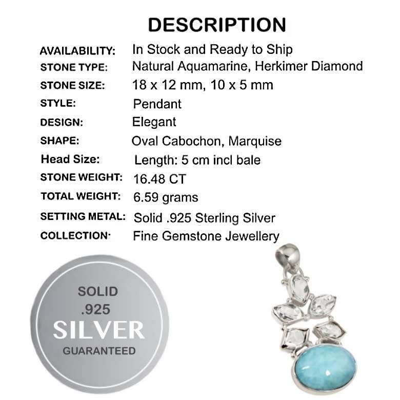 Natural Aquamarine, Herkimer Diamond Gemstone set in Solid .925 Sterling Silver Pendant