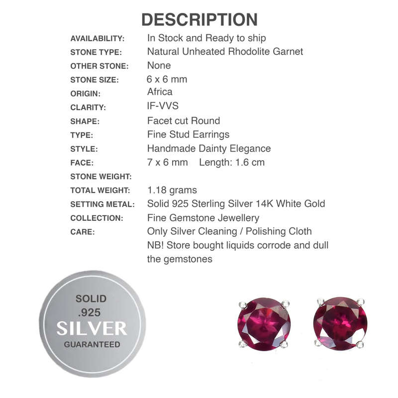 Special Price -Dainty 6mm Top Natural Round Rhodolite Garnet  in Solid .925 Sterling Silver Stud Ear