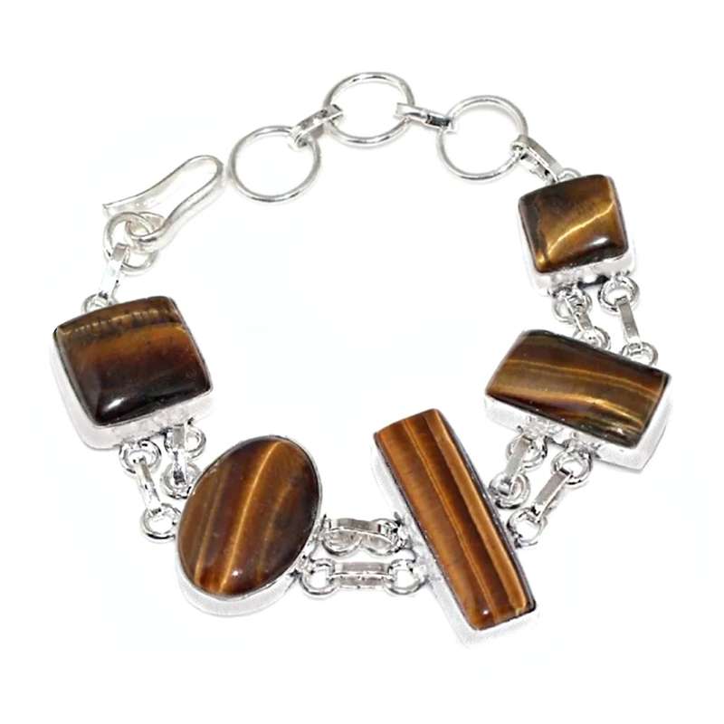 Handmade Natural Tigers Eye  Mixed Shapes Gemstones .925 Sterling Silver Plated Bracelet