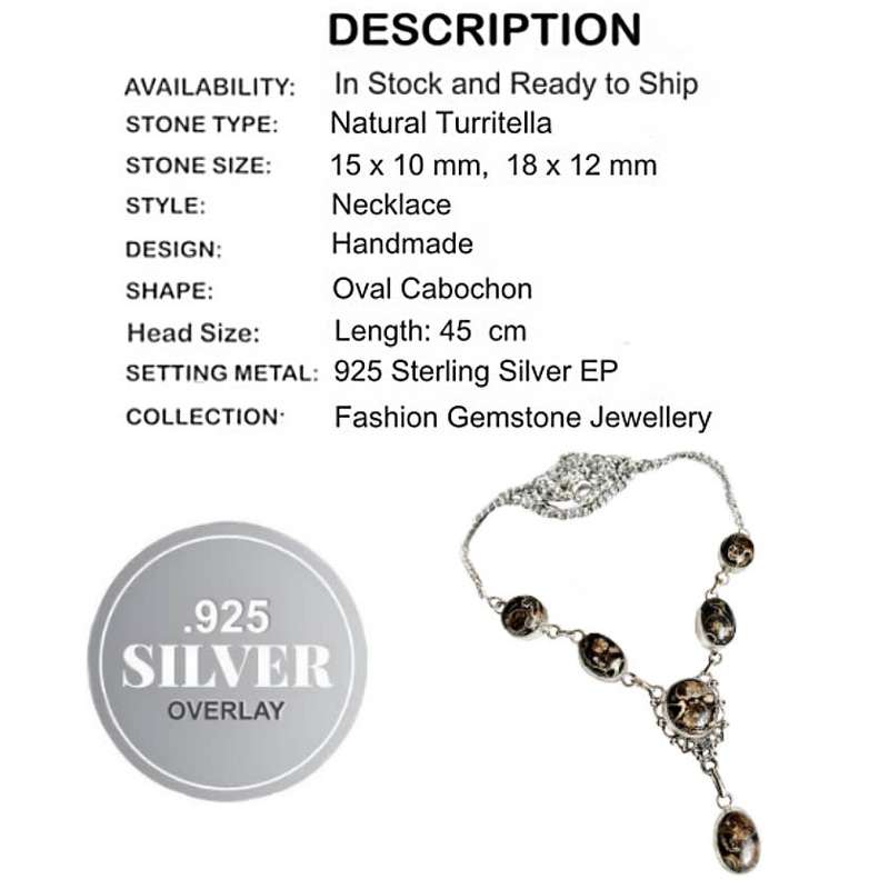 Natural Turritella  Oval Gemstone set in .925 Sterling Silver Plated Handmade Necklace