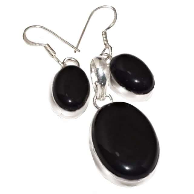 Natural Black Onyx Ovals set in .925 Sterling Silver Plated Handmade Pendant and Earrings Set