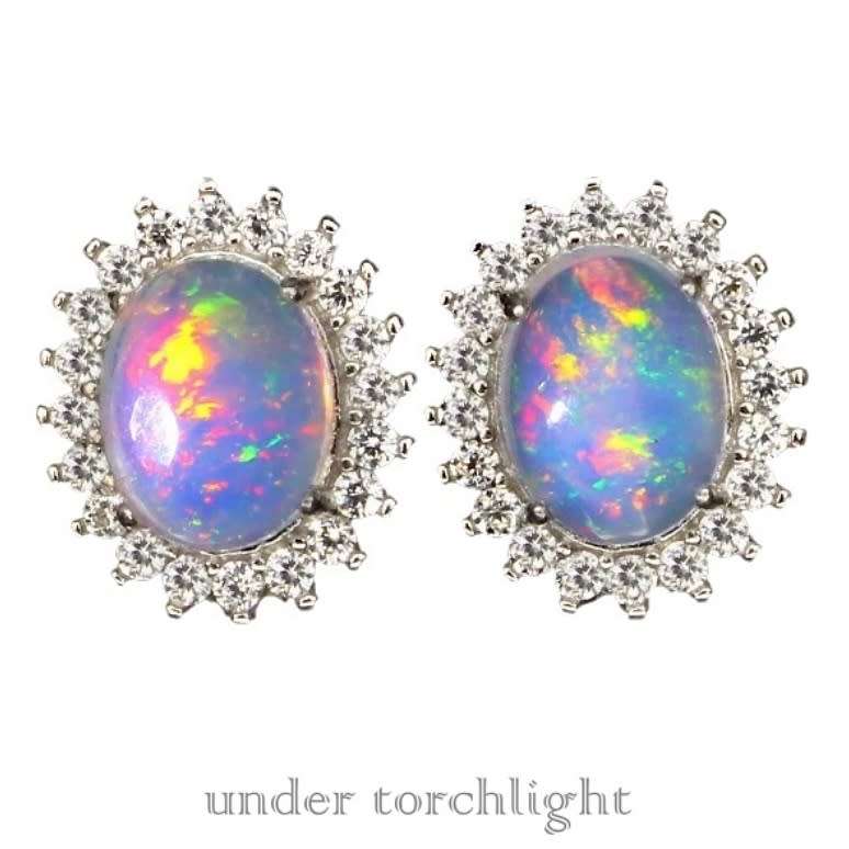 Natural Unheated Rainbow White Fire Opal set in  Solid .925 Sterling Silver 14K White Gold Earrings