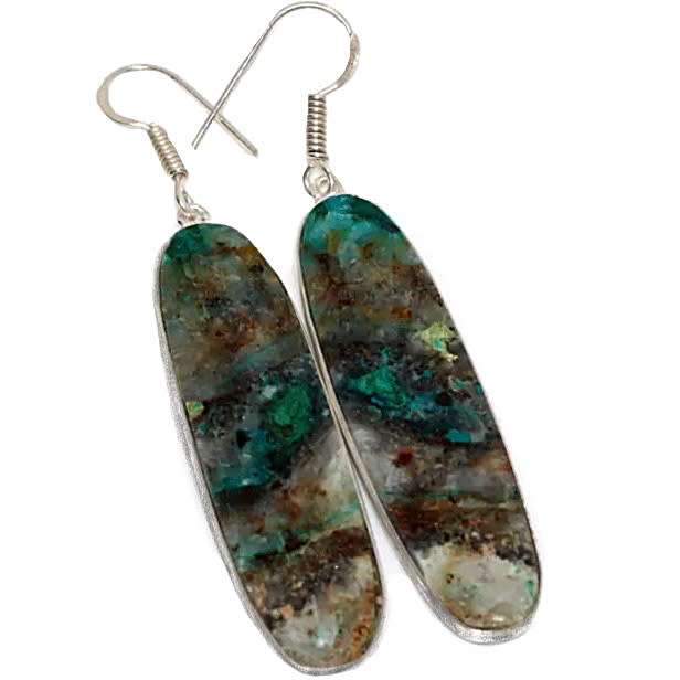 Natural Chrysocolla Long Oval Gemstone set in .925 Sterling Silver Plated Handmade Earrings