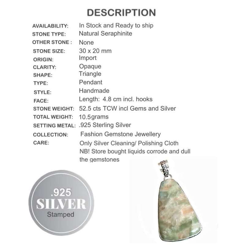 Captivating Natural Aqua Seraphinite Gemstone set in .925 Sterling Silver Plated Handmade Pendant