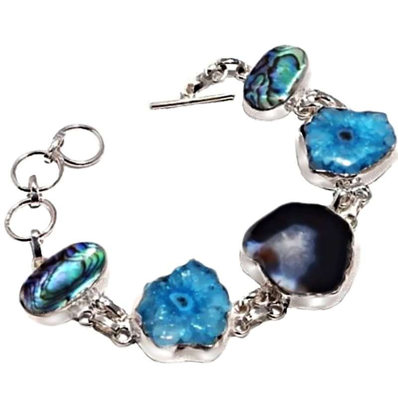 Natural New Zealand Abalone Shell and Solar Quartz .925 Sterling Silver Plated Handmade Bracelet