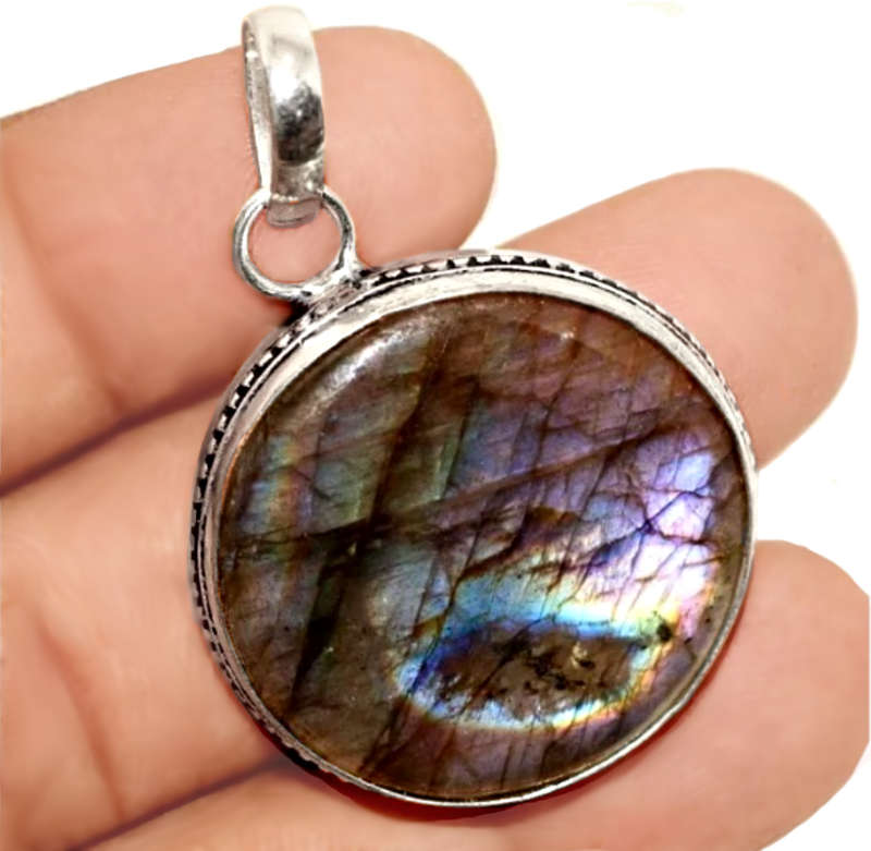 Natural Round Labradorite Gemstone set in .925 Sterling SilverPlated Handmade Pendant