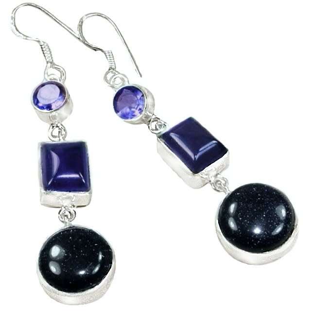 Handmade Purple Sandstone and Purple Amethyst set in 925 Sterling Silver Plated Drop Dangle Earrings
