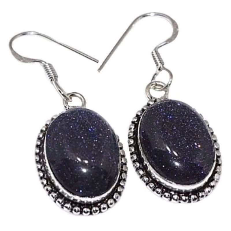 Handmade Shimmery Sandstone Ovals set in 925 Sterling Silver Plated Antique Style Earrings