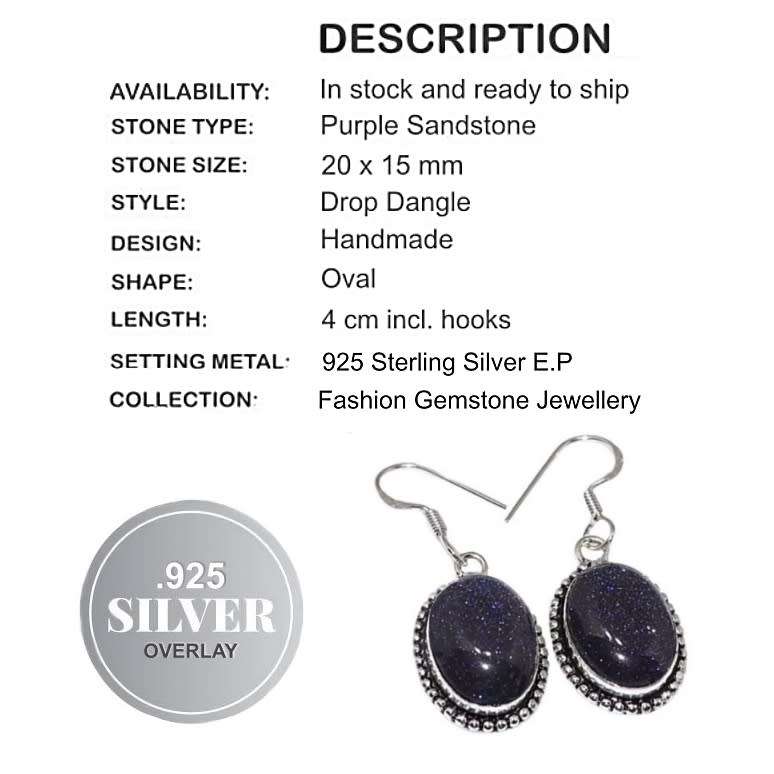 Handmade Shimmery Sandstone Ovals set in 925 Sterling Silver Plated Antique Style Earrings